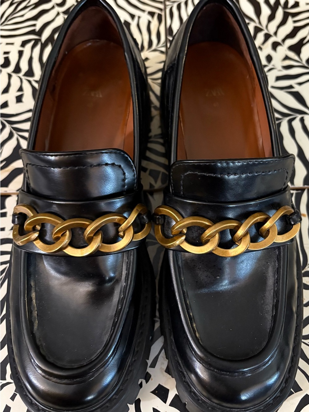 Zara Black Leather Loafers with Antique Gold Chain